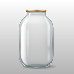 Realistic 3D illustration of a large transparent glass jar with a gold metal lid. Ideal for food storage, pickling, and household use.
