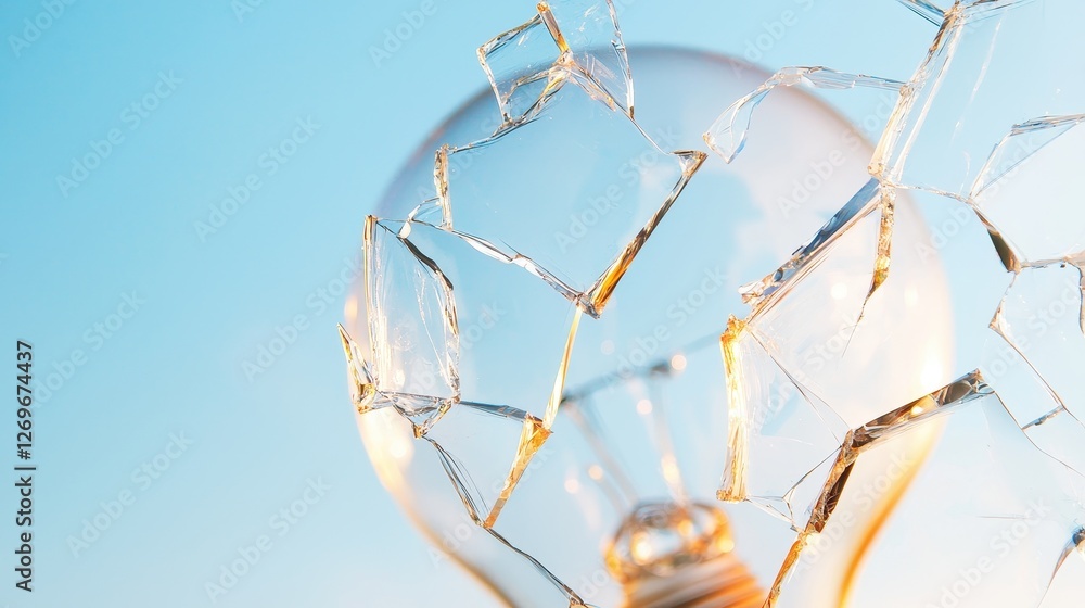 Poster close-up of a broken lightbulb with intricate glass shards against a soft blue background