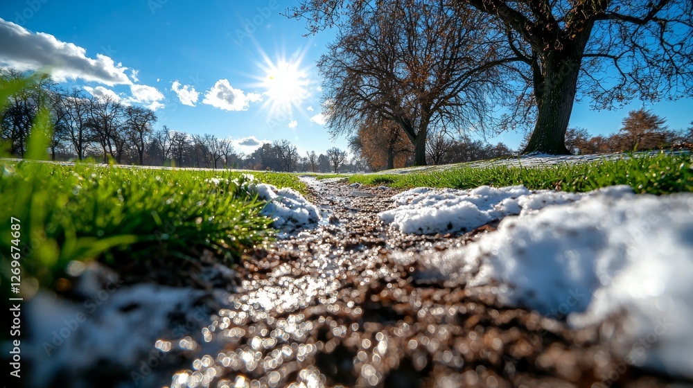 Poster clearing in forest reveals patches of melting snow next fresh green grass illuminated sunlight. bare