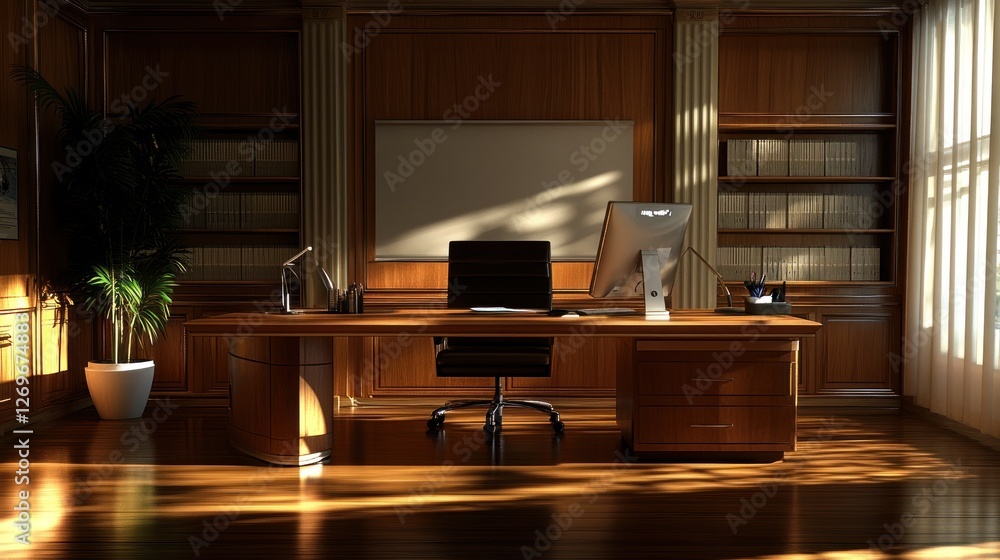 Poster elegant office space featuring a desk chair and computer setup