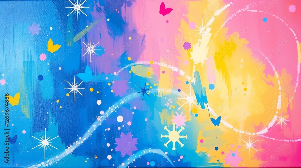 Poster a painting of a colorful background with a yellow circle in the middle. the circle is surrounded by 
