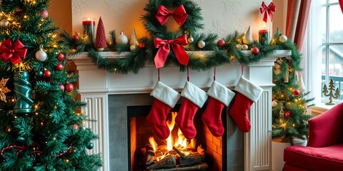 Christmas stockings in various patterns and colors hanging from a festive fireplace mantel, decorations, Christmas, green