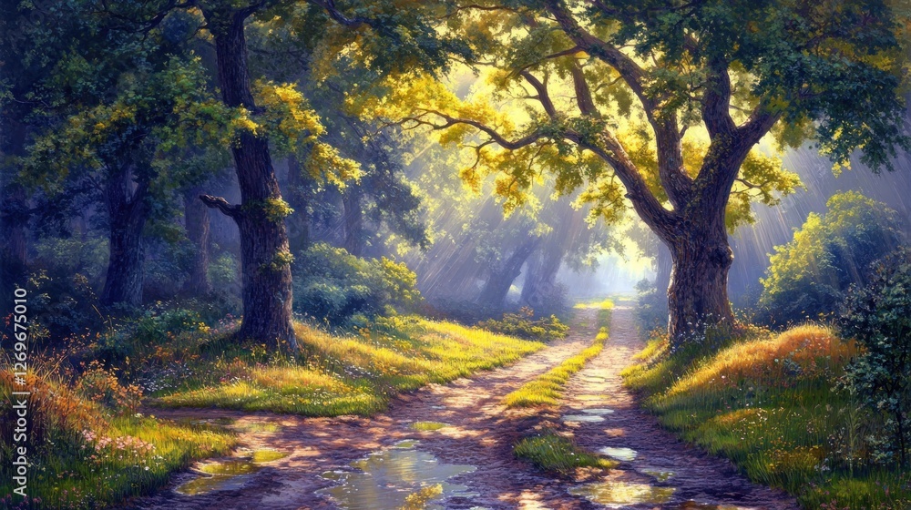 Poster sunlit forest path with lush greenery and puddles