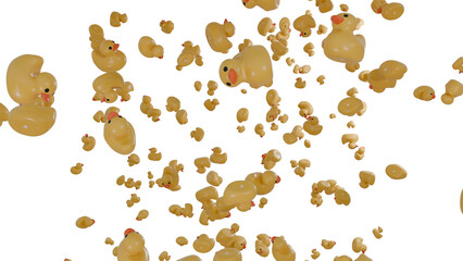 Rubber ducks rain on transparent background