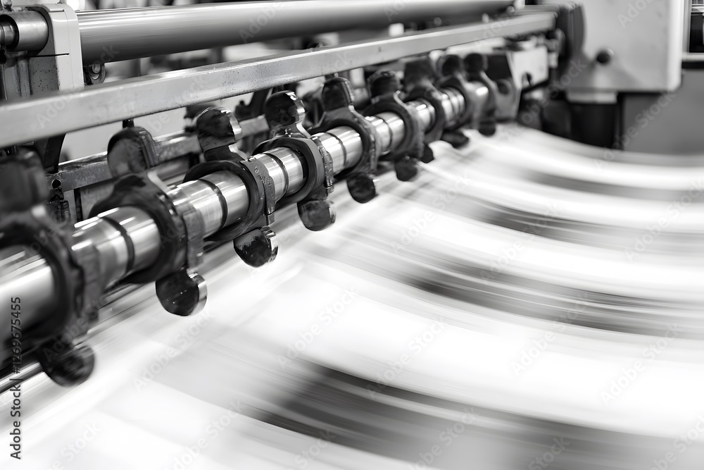 Poster printing press in action: a close-up view of a printing press in action, showing sheets of paper bei