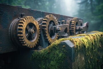 Moss-covered rusty gears of an antique machine in a misty forest.