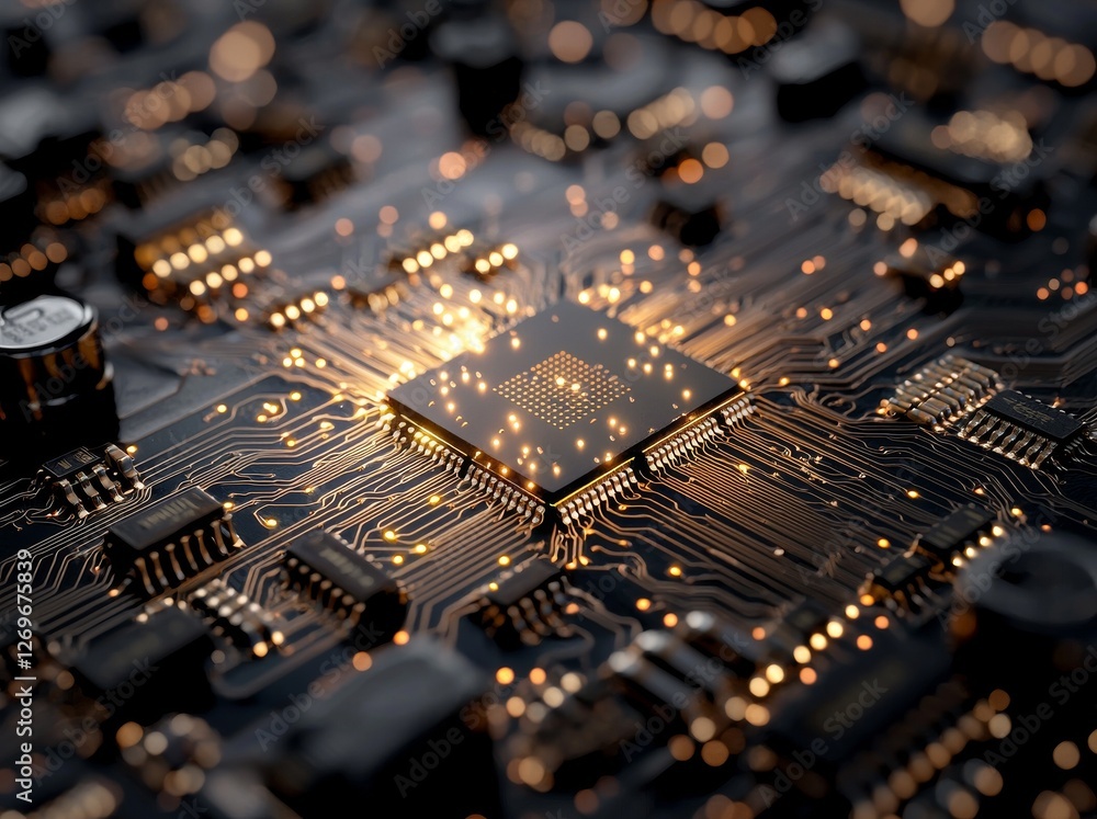 Poster the circuit board, which is black in color and features a central processor chip, has a pu chip inst