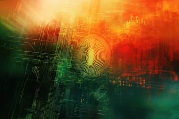 Futuristic digital fingerprint scan with glowing circuit board patterns in vibrant red, orange, and green tones, symbolizing cybersecurity, identity verification, and biometric technology
