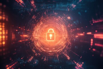 Glowing digital padlock symbol at the center of a futuristic cyber network, representing cybersecurity, data protection, and encrypted technology