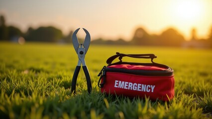 Emergency car kit, Rural field with an emergency car kit featuring a multipurpose tool in the foreground photorealistic.