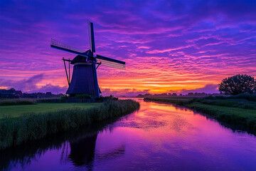 Dutch windmill at sunset It stands alongside a river reflecting a vibrant sunset.