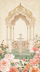 Traditional Indian Mughal art inspired Wedding Card Design, Invitation template.