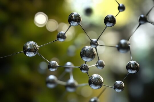 Futuristic molecular structure with reflective metallic spheres connected by thin rods, symbolizing science, technology, and chemistry against a blurred natural background