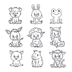 Set of cartoon cute animals including puppy, dog, capybara , frog, horse, lumb, sheep, cow and donkey, bunny, rabbit, pig. Funny animals for magazines, postcards, cards. Vector