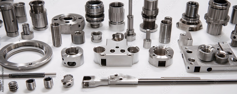 Poster metal components lying on white surface in engineering factory