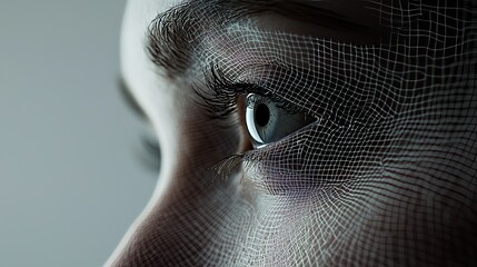 The future of identification is portrayed through Face ID, utilizing a half-face portrait of a young Caucasian woman to demonstrate facial detection, paired with the biometrical scanning of a brown