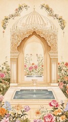 Traditional Indian Mughal art inspired Wedding Card Design, Invitation template.