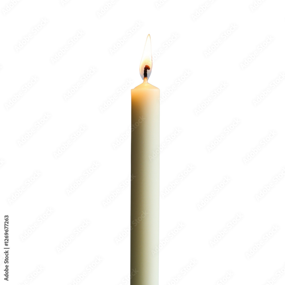 Poster lit white candle with gentle flame, symbolizing warmth and tranquility. Perfect for creating serene atmosphere in any setting