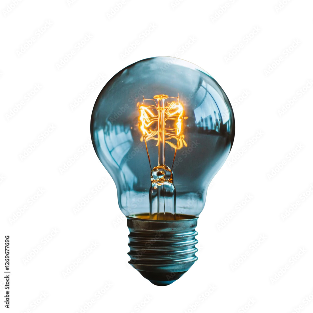 Poster glowing light bulb with visible filament, symbolizing innovation and creativity. clear glass showcas