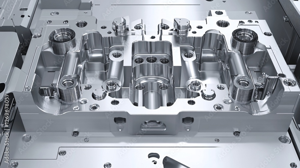 Aufkleber cross section of metal mold showing the complexity of the tooling design