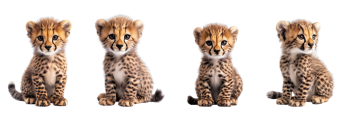 Collection of baby cheetahs sitting isolated on transparent background