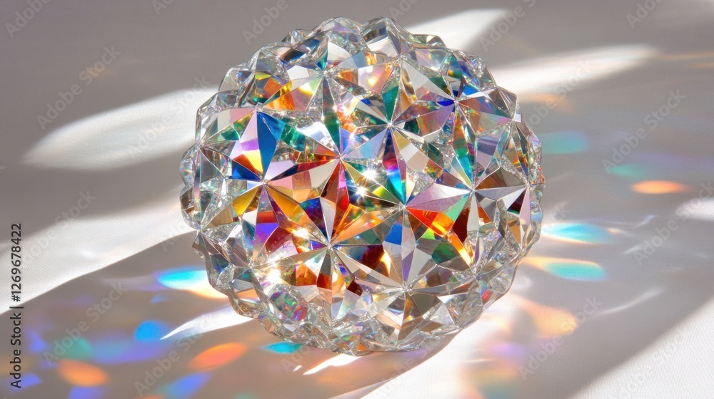Poster faceted crystal sphere displaying vibrant spectral light effects
