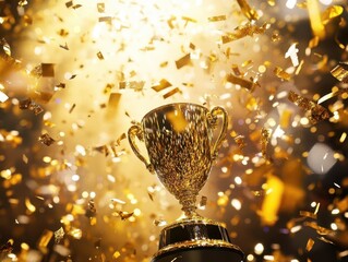 Gold Trophy Celebrating Victory with Confetti Shower and Streamers for Award Ceremonies