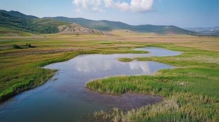 Obraz premium Picturesque Aerial View of a Lush Green Valley with Serene Lake and Mountains