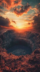 Obraz premium Dramatic Sunset Over Massive Volcanic Crater with Fiery Clouds