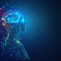 Obraz premium Polygonal human head mesh with network and glowing dots, symbolizing mental health and artificial intelligence