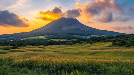 Fototapeta premium A stunning sunset view of Hallasan, with soft golden light bathing the peak and clouds drifting past the summit in Jeju Island, South Korea