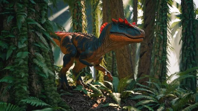 Sunlight pierces ancient cycad forest as predatory Allosaurus prowls. Red-crested carnivore moves stealthily through Jurassic vegetation seeking prey. Static wide shot.