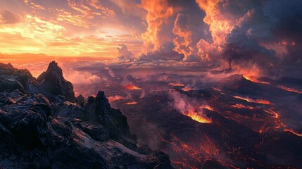 Fototapeta premium Dramatic Volcanic Landscape with Fiery Eruptions at Sunset