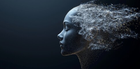 A 3D illustration on a dark blue technology background depicts a woman's face, embodying the concepts of big data, stocks, machine learning, and cyber mind domination