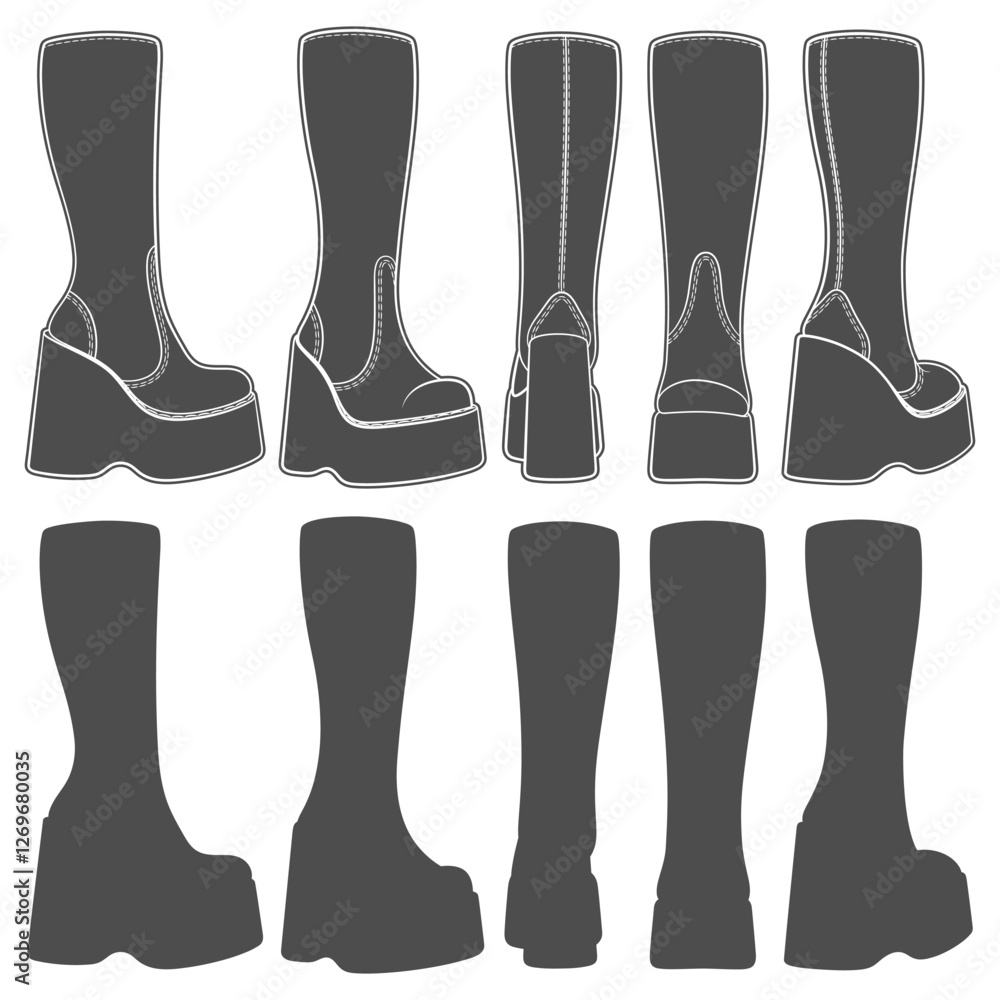 Poster set of black and white retro platform boots. isolated vector objects on white background.