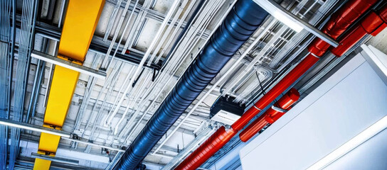 Electrical cable conduits wiring with colorful junction boxes, part of plumbing pipeline and ceiling air vent duct in modern building. Pipe and fitting for power, plumbing and air conditioning systems