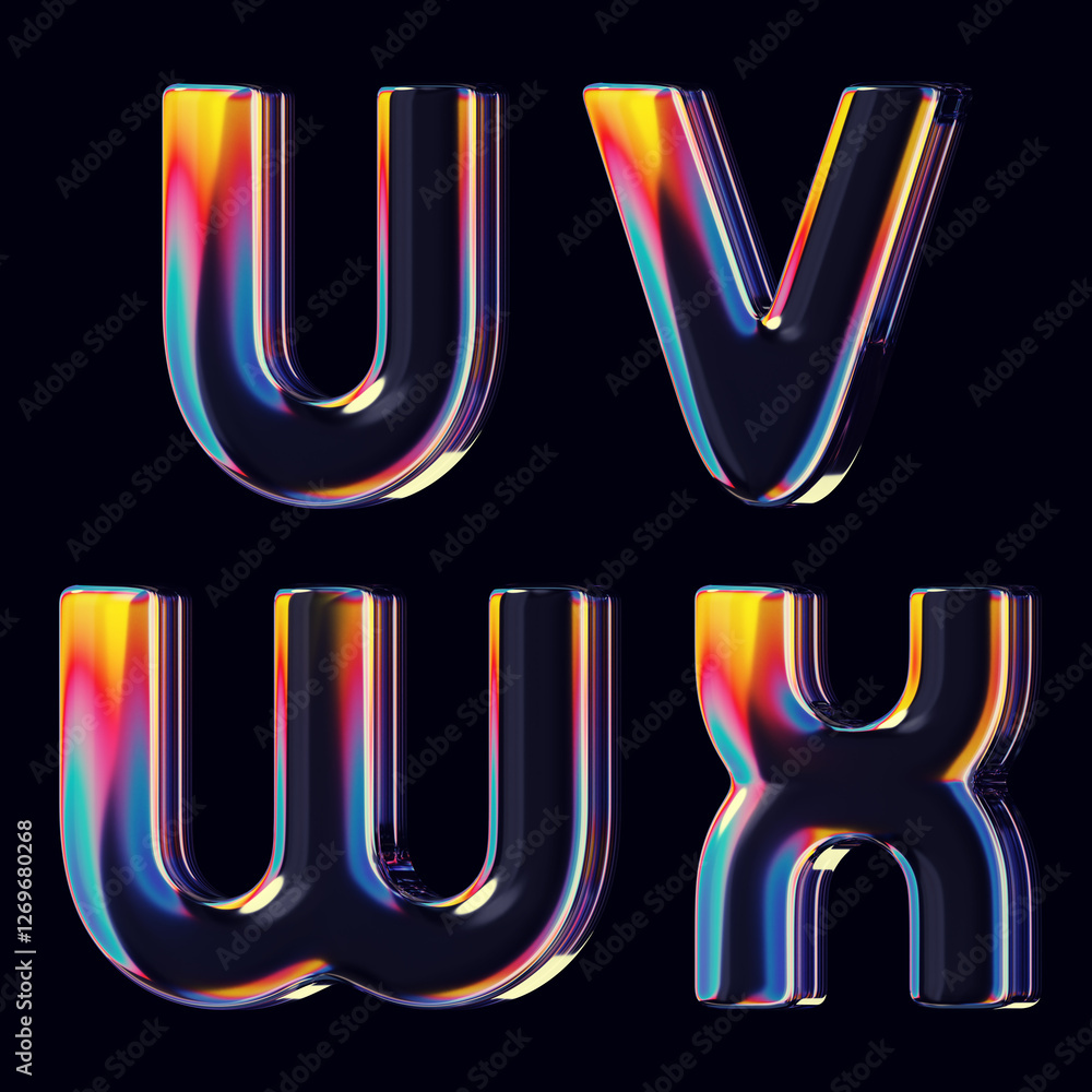 Fototapete set of 3d rendered colorful font with smooth letters and rainbow reflections