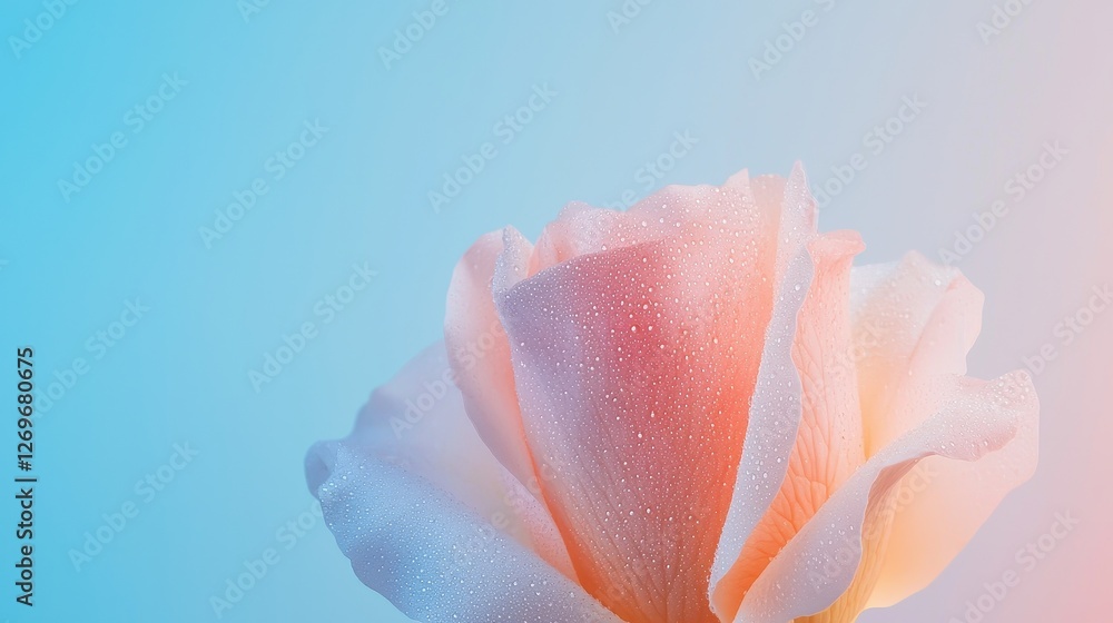 Poster close-up macro shot of a rosebud adorned with fresh dew drops against a soft color gradient backgrou