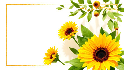 Cheerful Soft Yellow Border with Sunflowers and Olive Green Leaves for Bright Invitations
