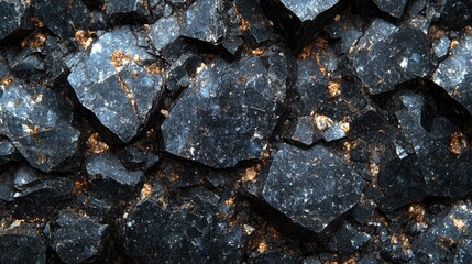 Close-up of dark, textured rock fragments with hints of orange mineralization.