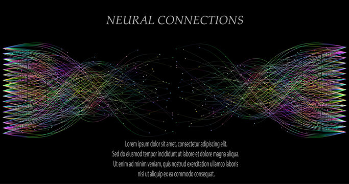 Abstract vector visualization of neural connections. Thin colored lines connect nodes, creating a dynamic flow of information. Gradients and glowing dots highlight the learning process of the neural n