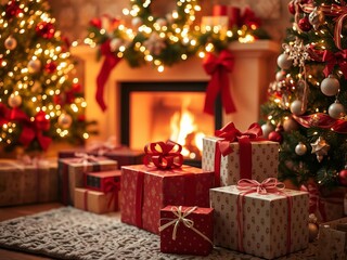 Stock photo of beautifully wrapped Christmas gifts under a festive tree with a glowing fireplace in the background, festive, glowing, presents