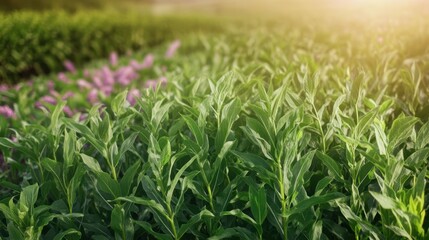 Obraz premium Lush Garden View: A captivating top-down view of a thriving garden, with vibrant green plants reaching towards the warm sunlight, promising growth and vitality.