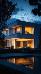Fototapeta premium Modern Dramatic Home Exterior at Night with Warm Lighting Reflection