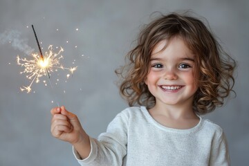 Radiant joy: Little girl celebrating with a sparkler, her sparkling eyes and infectious smile...