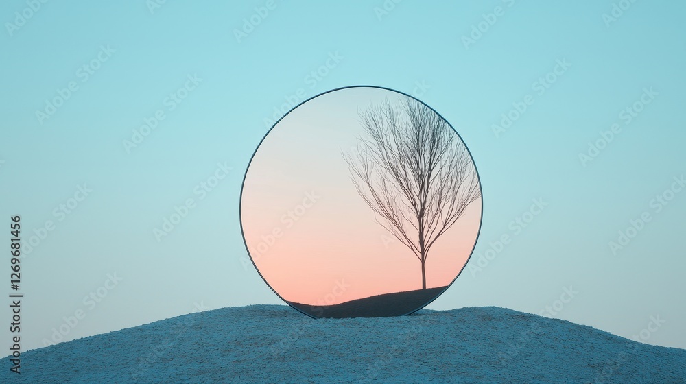 Aufkleber serene landscape with tree reflected in circular mirror against soft gradient sky
