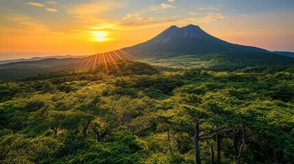 Obraz premium A view of Hallasan mountain, with a vibrant sunrise casting light over the volcanic crater and lush forests surrounding the peak in Jeju Island, South Korea
