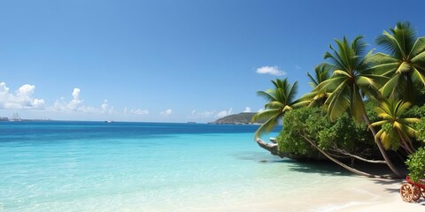 Obraz premium Tropical Caribbean island vacation with crystal clear blue skies, turquoise ocean water, and white sand beach, summer, picturesque, holiday