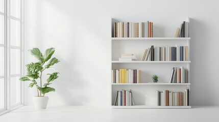 Fototapeta premium Bookshelf in empty room 3d illustration clean reading room with ornamental plants and object minimal concept Interior design