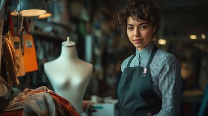 Portrait of fair-trade tailor in a minimalist studio with fabric pieces